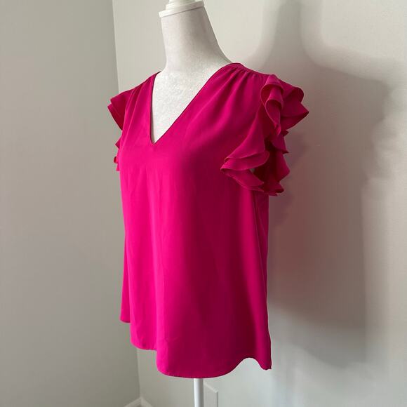 Amanda Uprichard hot pink flutter sleeve v-neck top size M - Picture 3 of 13